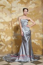 Grey Column Strapless Silk Satin Beading Prom Dress
