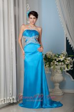 Turquoise Column Sheath Strapless Prom Evening Dress Satin Beading