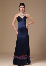 Navy Blue Satin Column V-neck Evening Prom Gowns Custom