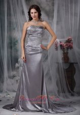 Grey Column Beading Elastic Wove Satin Prom Dress