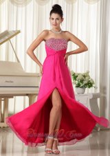 High Slit Strapless Beaded Hot Pink Prom Dress