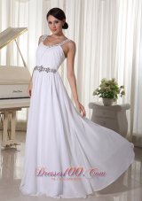Beaded Straps Waist White Evening Chiffon Empire Prom Dress