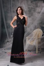 Elegant Black Evening Dress Column V-neck Satin Lace