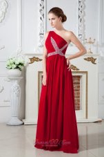 Red Empire One Shoulder Brush Train Beading Prom Dress
