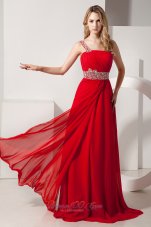 Red Empire Beading One Shoulder Chiffon Prom Dress
