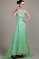 Apple Green Empire Sweep Train Beaidng Prom Dress