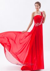 Red One Shoulder Empire Train Embroidery Prom Dress