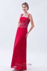 Beading Straps Coral Red Chiffon Prom Dress