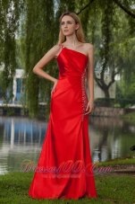 Red One Shoulder Floor-length Beading Prom Dress