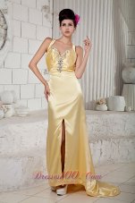 Prom Dress Gold Slit Straps Beading Brush Train
