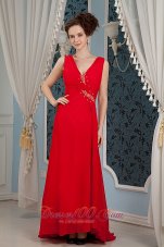 Red V-neck Prom Maxi Dress Beading Chiffon Cheap