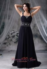 Straps Beaded Navy Blue Chiffon Prom / Evening Dress