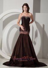 Brown Beaded Mermaid Design Taffeta Sweep Prom Dress