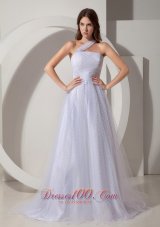 Court Train A-line Tulle Wedding Dress with One Shoulder