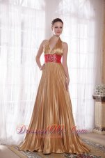 Halter Gold Sash Brush Beaded Rhinestones Prom Dress