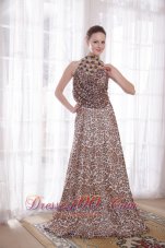 High Neck Leopard Epire Brush Beads Prom Gown