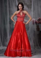 High Neck Kelhole Beads Pleated Prom Gown