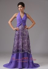 Purple Chiffon Halter Ruched Brush Rrom Dress Printed
