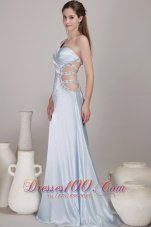 One Shoulder Light Blue Taffeta Prom Gown with Open Back
