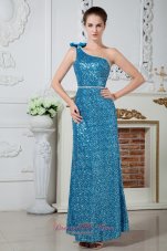 Dodger Blue One Shoulder Bowknot Prom Celebrity Dress Sequin Beaded