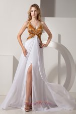 Seductive Two-toned White V-neck Evening Dress With Front Slit