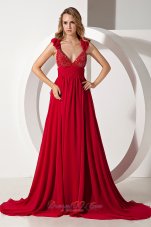Straps V-neck Wine Red Fitted Prom Dress Brush Train 2013