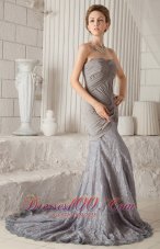 Grey Mermaid Lace and Chiffon Court Train Prom Dress