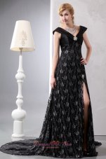 Fabulous Black V-neck Lace Slit Prom Celebrity Dress 2013