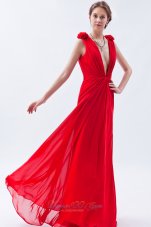 Plunging V-neck Open Back Red Flower Prom Dress