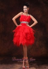 Chic Red Feather and Tulle Beaded Cocktail Dress 2013