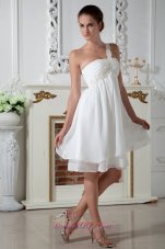 White Empire Cocktail Dress One Shoulder Appliques Ruch