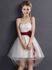 Low Price A-line Dama Dress Champagne Sweetheart Organza Sleeveless High Low Lace Up
