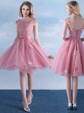 Scoop Tulle Cap Sleeves Knee Length Quinceanera Court Dresses and Appliques and Belt