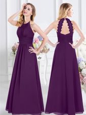 Halter Top Floor Length Purple Wedding Party Dress Chiffon Sleeveless Ruching