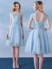 Suitable Scoop Cap Sleeves Bridesmaid Gown Knee Length Appliques and Belt Light Blue Tulle