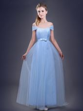 Off the Shoulder Light Blue Sleeveless Floor Length Ruching and Bowknot Lace Up Wedding Party Dress