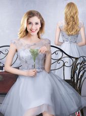 Modern Grey Scoop Lace Up Lace and Appliques and Belt Bridesmaid Gown Cap Sleeves