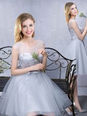 Grey Tulle Lace Up Scoop Sleeveless Knee Length Quinceanera Court of Honor Dress Lace and Appliques and Belt