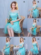 Flare Empire Wedding Guest Dresses Aqua Blue Scoop Tulle Sleeveless Knee Length Lace Up