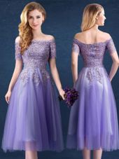 Customized Off the Shoulder Beading and Lace Bridesmaid Dresses Lavender Zipper Short Sleeves Tea Length