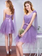 One Shoulder Sleeveless Ruffles and Ruching and Belt and Hand Made Flower Lace Up Wedding Guest Dresses