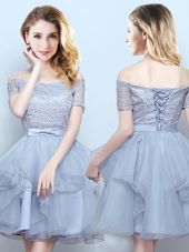 Unique Mini Length Grey Court Dresses for Sweet 16 Off The Shoulder Short Sleeves Lace Up
