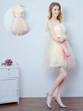 Off the Shoulder Mini Length Champagne Wedding Guest Dresses Tulle Short Sleeves Lace and Appliques and Ruffles and Bowknot