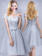 Noble Grey Off The Shoulder Lace Up Appliques and Belt Bridesmaid Dresses Sleeveless