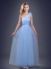 One Shoulder Sleeveless Bridesmaids Dress Floor Length Beading and Ruching and Hand Made Flower Light Blue Tulle