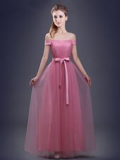 Off the Shoulder Floor Length Pink Bridesmaids Dress Tulle Sleeveless Ruching and Bowknot