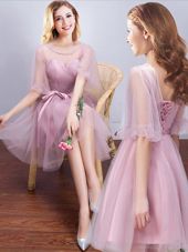 Lovely Scoop Mini Length A-line Half Sleeves Pink Wedding Party Dress Lace Up
