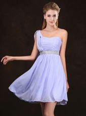 Comfortable One Shoulder Lavender Sleeveless Mini Length Sequins and Ruching Zipper Damas Dress