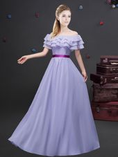 Dramatic Ruffled Empire Bridesmaid Dress Lavender Off The Shoulder Chiffon Short Sleeves Floor Length Zipper
