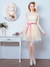 Scoop Short Sleeves Tulle Bridesmaid Dress Lace and Appliques and Ruffles and Bowknot Lace Up